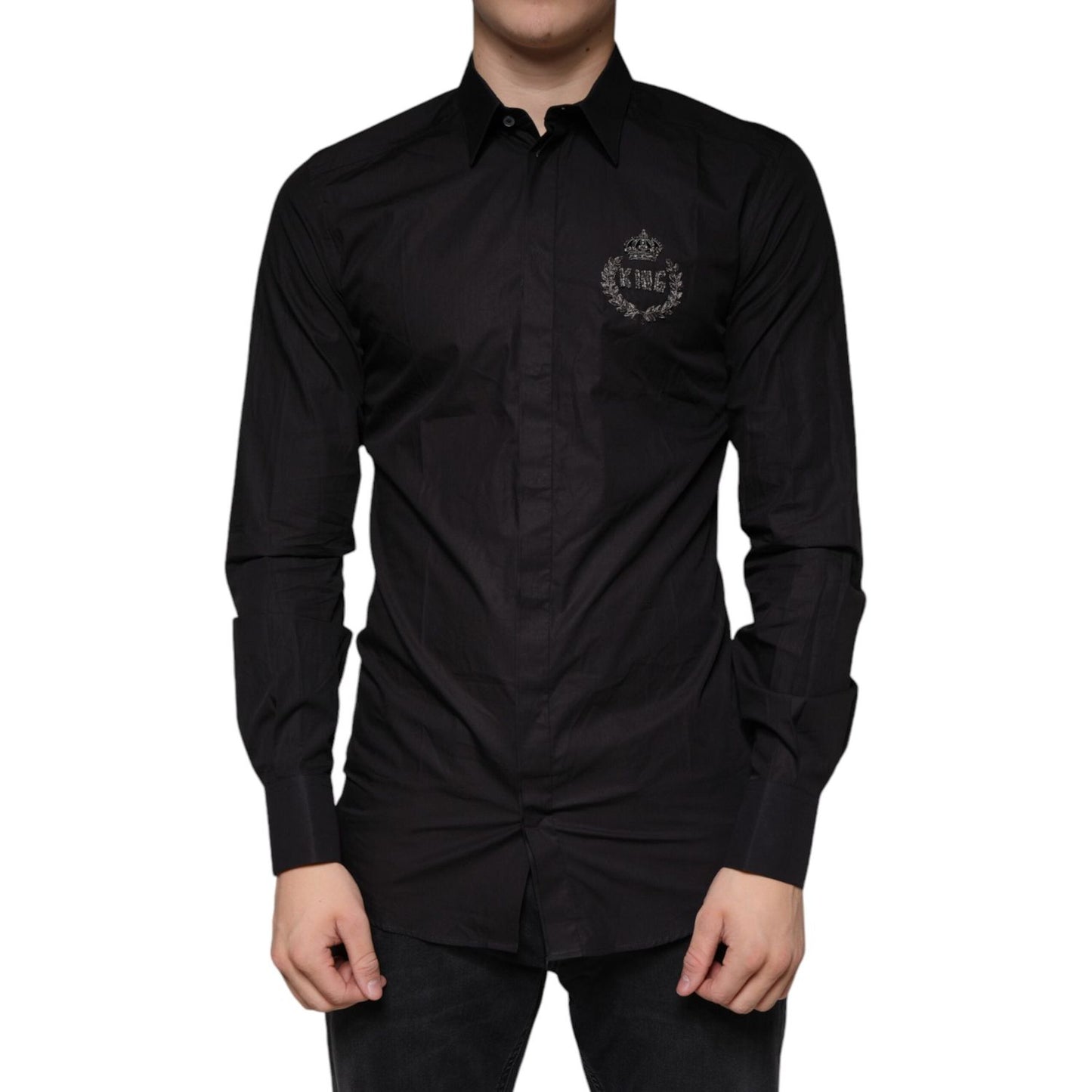 Dolce & Gabbana Black King Crown Embroidered GOLD Dress Shirt TSH83178-39