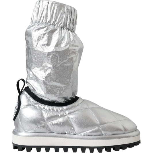 Dolce & Gabbana Metallic Silver Quilted Logo Patch Boot Shoes LA11147-39