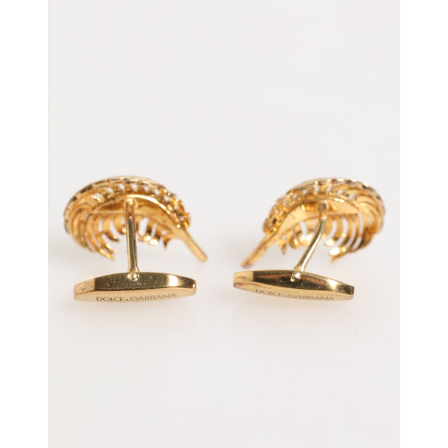 Dolce & Gabbana Gold 925 Sterling Silver Crystal Leaf Accessory Cufflink showcasing elegant design and luxury finish.