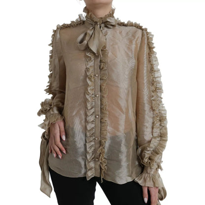 Dolce & Gabbana Gold Ascot Collar Ruffles Blouse Top