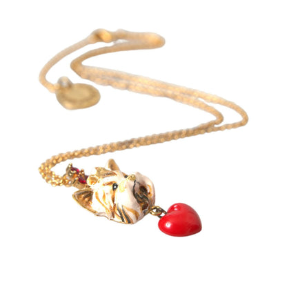 Dolce & Gabbana Gold Brass Chain Dog Heart Pendant Charm Necklace with red crystal heart, made in Italy, featuring lobster closure.