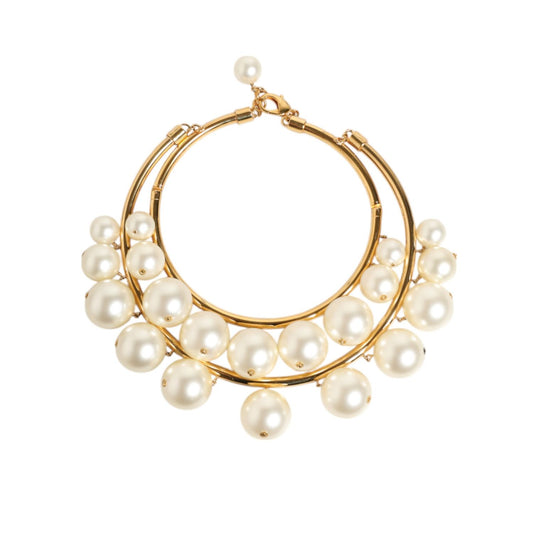 Dolce & Gabbana Gold Brass Faux Pearl Crystal Statement Luxury Jewelry Necklace with layered choker design.