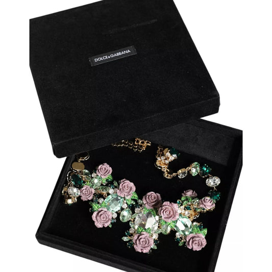 Dolce & Gabbana Gold Brass Link Chain Rose Petal Crystal Necklace in black velvet box with multicolor crystals and floral design.