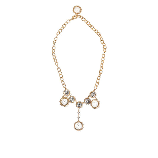 Dolce & Gabbana Gold Crystal Clock Face Pendant Statement Jewelry Necklace with rhinestones on a gold-tone chain.