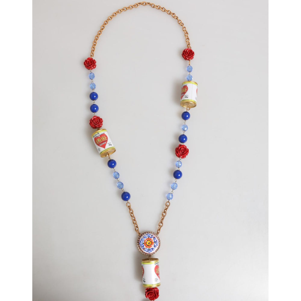 Dolce & Gabbana Gold Multicolor Amore Heart Can Beads Rose Pendant Necklace on white background