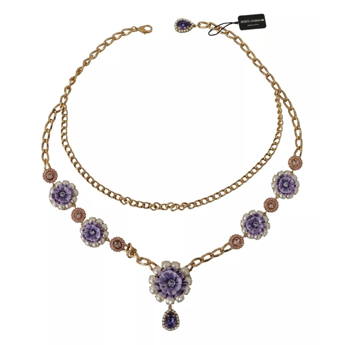 Dolce & Gabbana Gold Tone Floral Crystals Purple Embellished necklace with charms and lobster clasp closure.