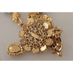 Dolce & Gabbana Gold Tone Floral Crystals Purple Embellished necklace with charms and purple accents, close-up view.