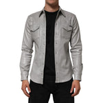 Dolce & Gabbana Gray Coated Cotton Snap Button Logo Men Shirt – Stylish metallic finish with front pockets and snap closure.