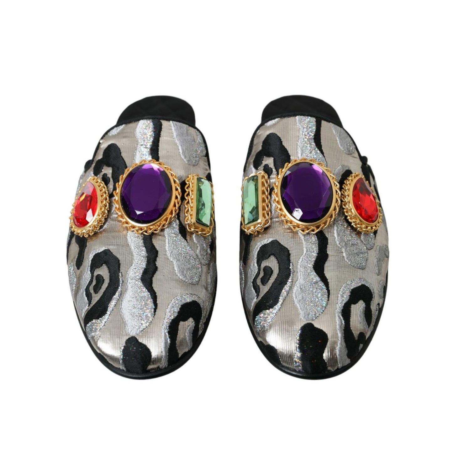 Dolce & Gabbana Gray Jacquard Crystal Mule Flat Sandals Shoes with colorful gem embellishments and leather sole.