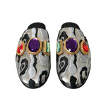 Dolce & Gabbana Gray Jacquard Crystal Mule Flat Sandals Shoes with colorful gem embellishments and leather sole.