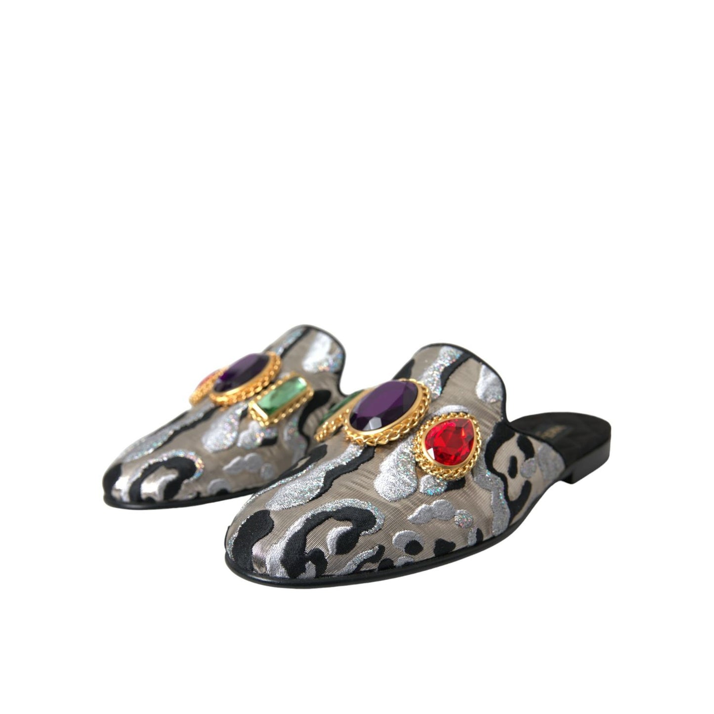 Dolce & Gabbana Gray Jacquard Crystal Mule Flat Sandals Shoes embellished with colorful crystals, leather sole, made in Italy.