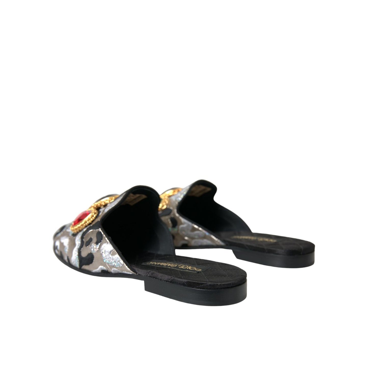 Alt Tag: Dolce & Gabbana Gray Jacquard Crystal Mule Flat Sandals Shoes, embellished leather flats with logo details, rear view