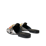 Alt Tag: Dolce & Gabbana Gray Jacquard Crystal Mule Flat Sandals Shoes, embellished leather flats with logo details, rear view