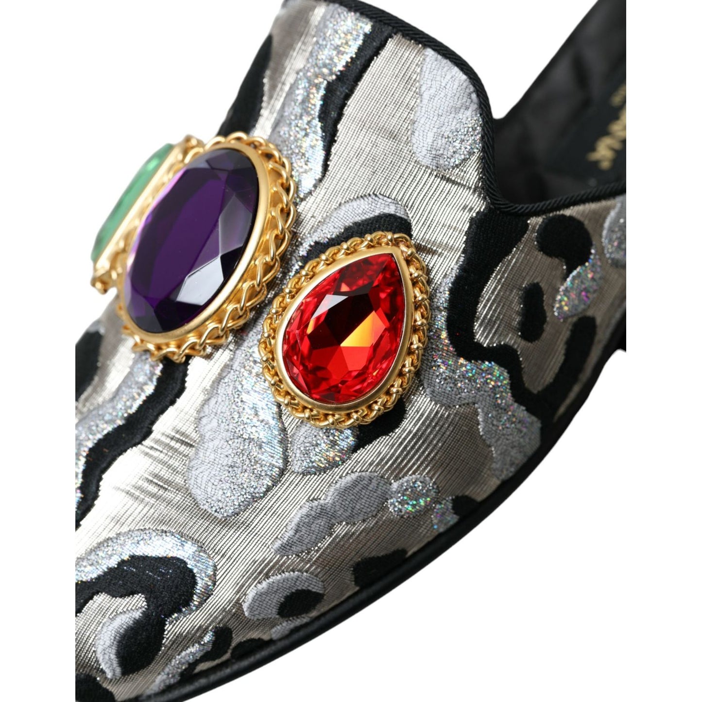 Dolce & Gabbana Gray Jacquard Crystal Mule Flat Sandals Shoes with embellished jewels and intricate jacquard pattern.
