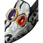 Dolce & Gabbana Gray Jacquard Crystal Mule Flat Sandals Shoes with embellished jewels and intricate jacquard pattern.