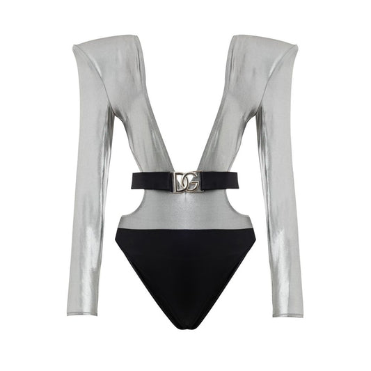 Dolce & Gabbana Gray Viscose One-Piece Swimsuit, silver with long sleeves, padded shoulders, deep neckline, elasticated logo belt.
