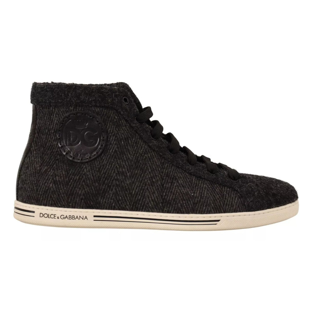 Dolce & Gabbana Gray Wool Cotton Casual High Top Sneakers with rubber sole and logo details, side view.