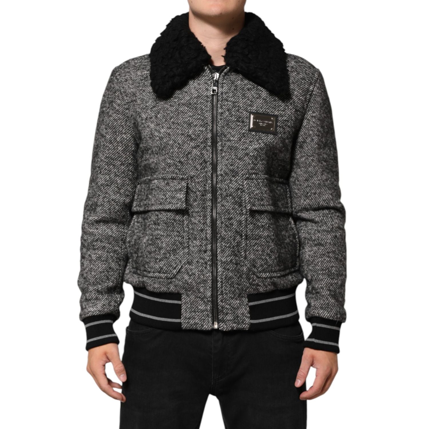 Dolce & Gabbana Gray Wool Herringbone Shearling Collar Bomber Jacket