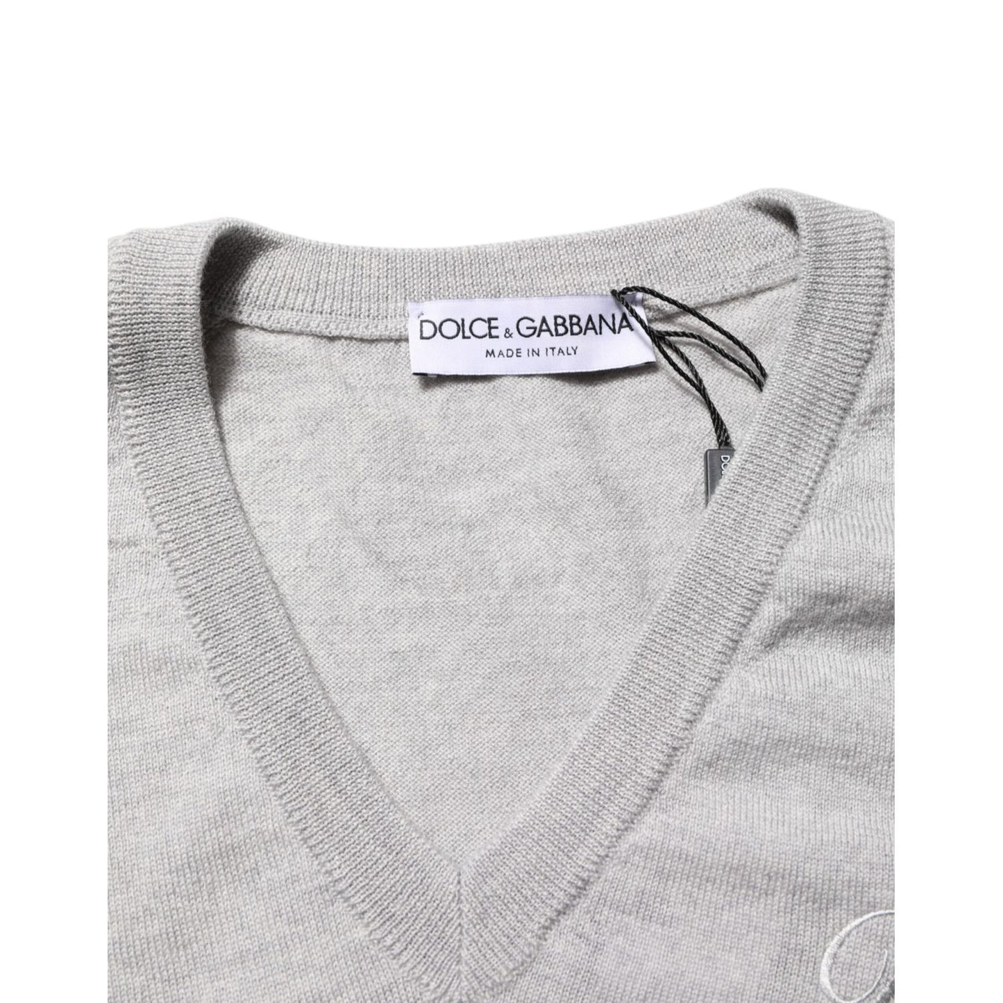 Dolce & Gabbana Gray Wool Knit Logo V-Neck Pullover Sweater