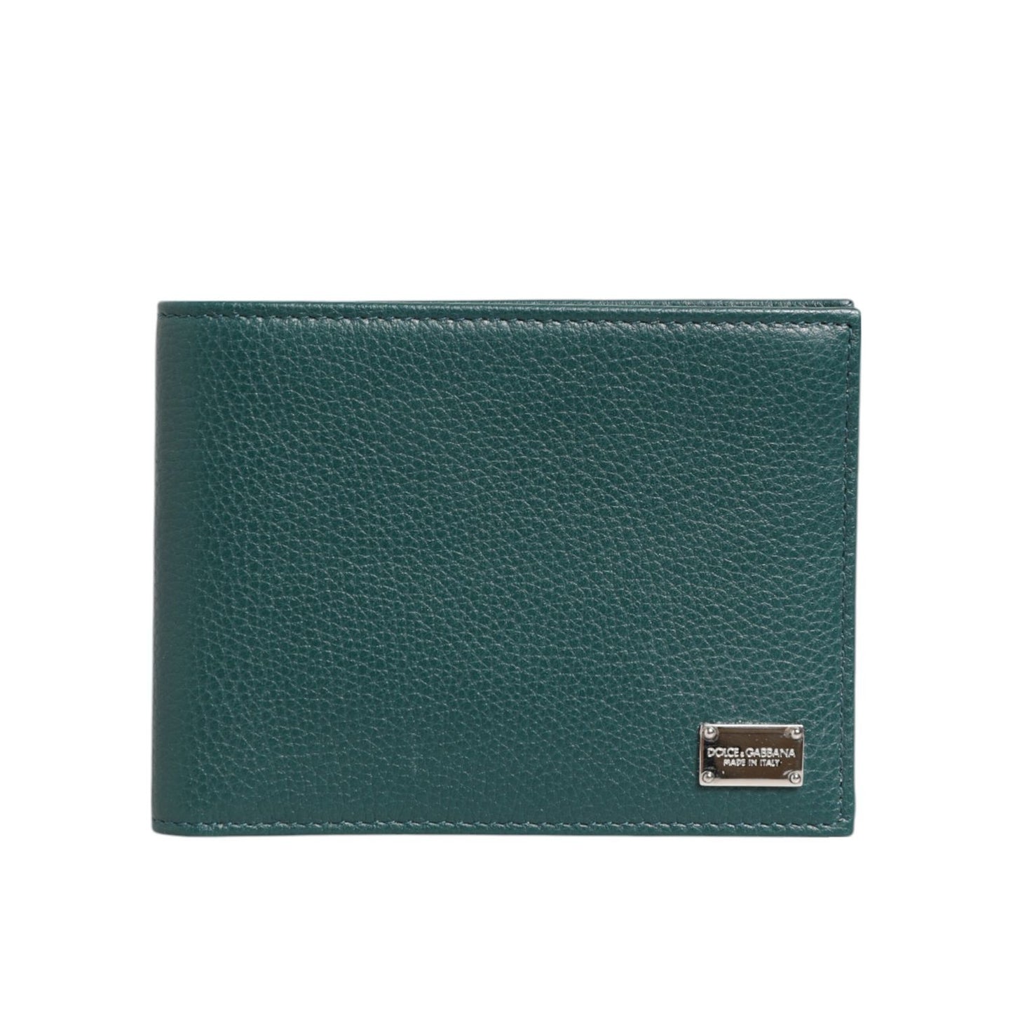 Dolce & Gabbana Green Leather DG Logo Plaque Bifold Card Holder Wallet in pebbled leather with metal logo plaque.