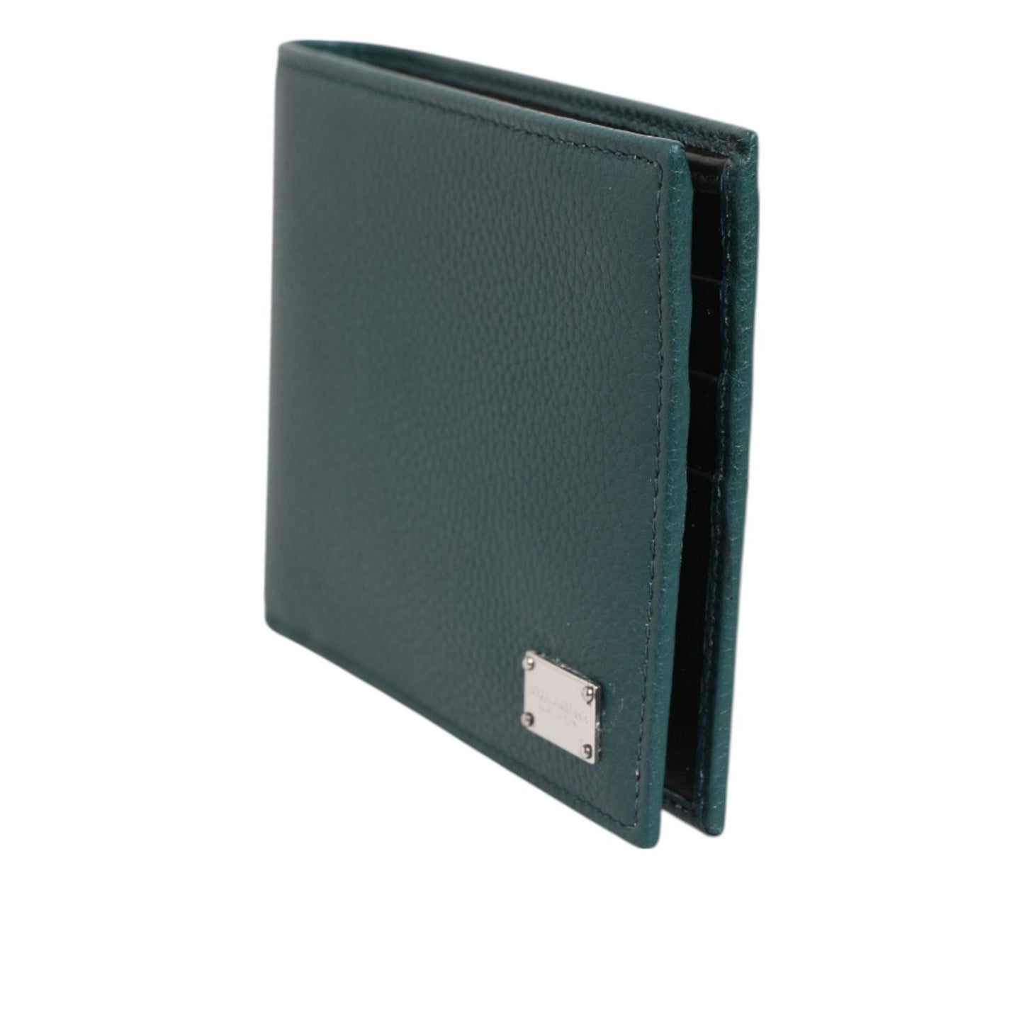 Dolce & Gabbana Green Leather DG Logo Plaque Bifold Card Holder Wallet with metal logo and sleek design.