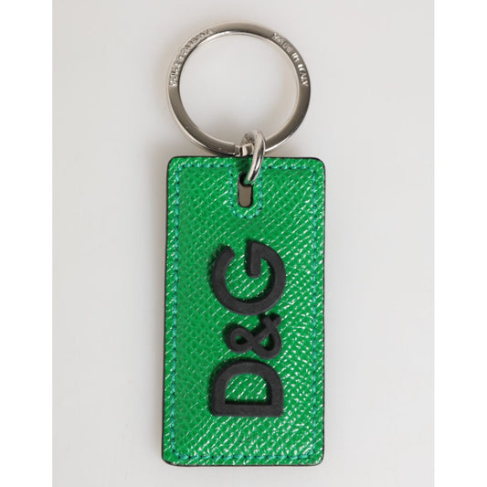 Dolce & Gabbana Green Leather Logo Metal Ring Keychain Holder Men Keyring, crafted in Italy with D&G logo on green leather tag.