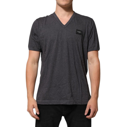 Dolce & Gabbana Grey Cotton V-Neck Logo Plaque Melange T-Shirt with leather logo plaque, short sleeves, and soft cotton fabric.