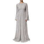 Dolce & Gabbana Grey Pleated Maxi Long Sleeve Silk Blend Gown Dress with long flared sleeves and cinched waist