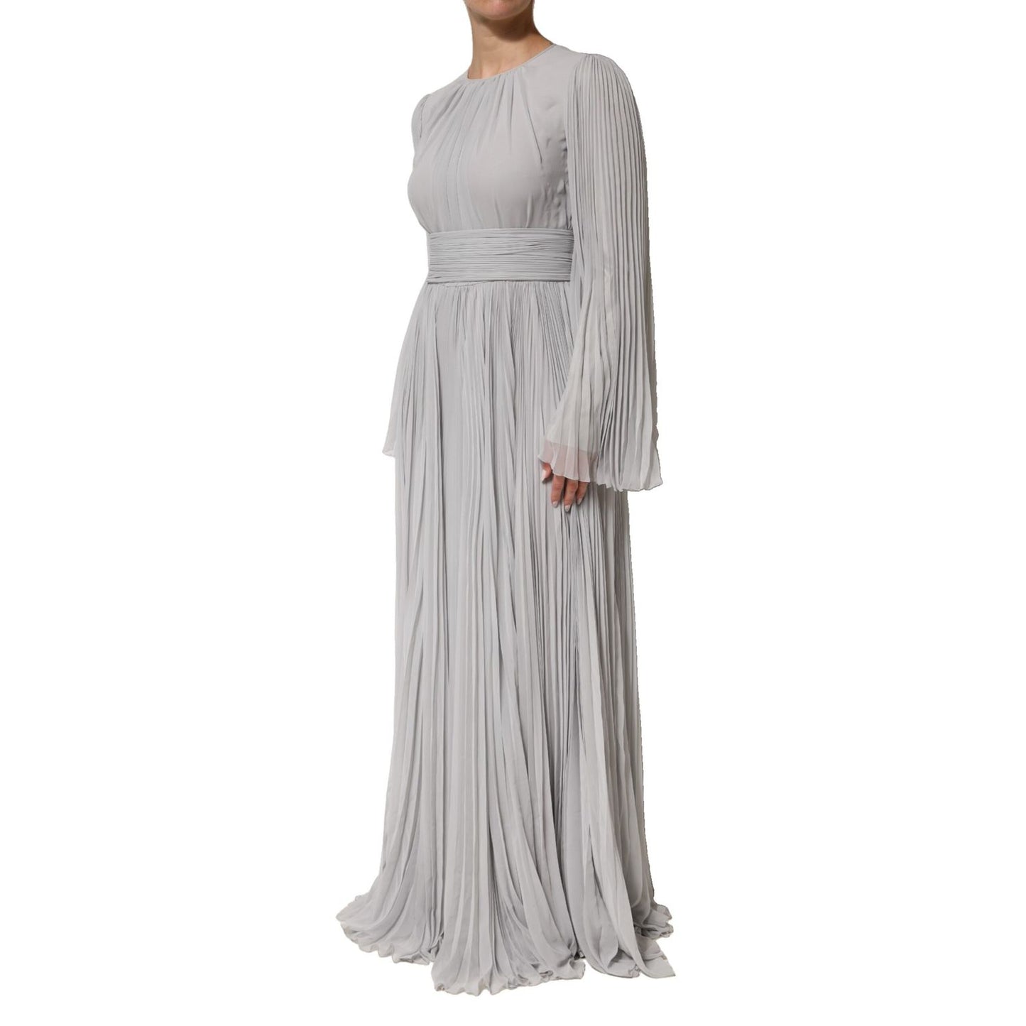 Dolce & Gabbana Grey Pleated Maxi Long Sleeve Silk Blend Gown Dress with flared sleeves and cinched waist. Perfect for galas.