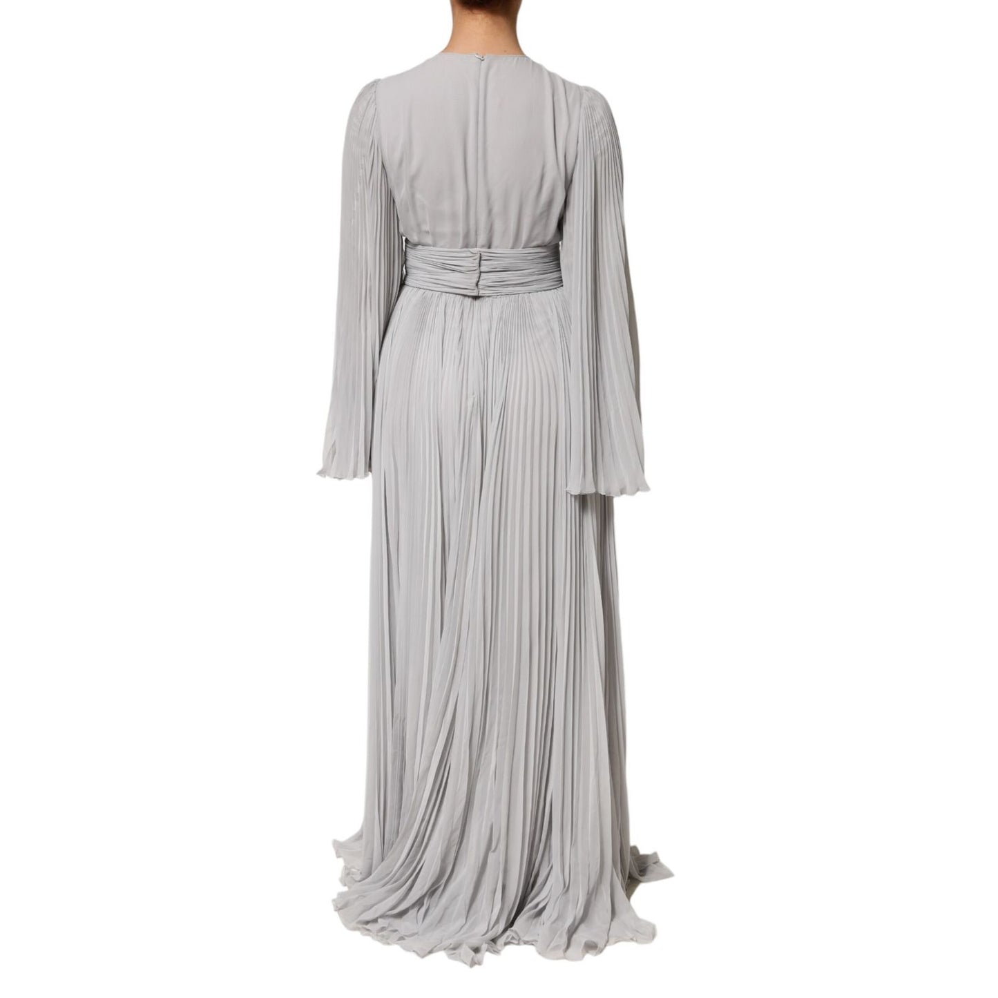 Dolce & Gabbana Grey Pleated Maxi Long Sleeve Silk Blend Gown Dress with elegant pleated detailing and cinched waist, back view.