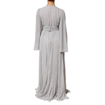Dolce & Gabbana Grey Pleated Maxi Long Sleeve Silk Blend Gown Dress with elegant pleated detailing and cinched waist, back view.