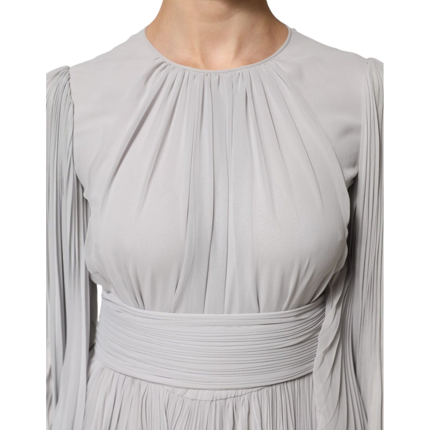 Dolce & Gabbana Grey Pleated Maxi Long Sleeve Silk Blend Gown Dress with flared sleeves and elegant pleated detailing