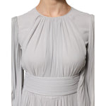 Dolce & Gabbana Grey Pleated Maxi Long Sleeve Silk Blend Gown Dress with flared sleeves and elegant pleated detailing