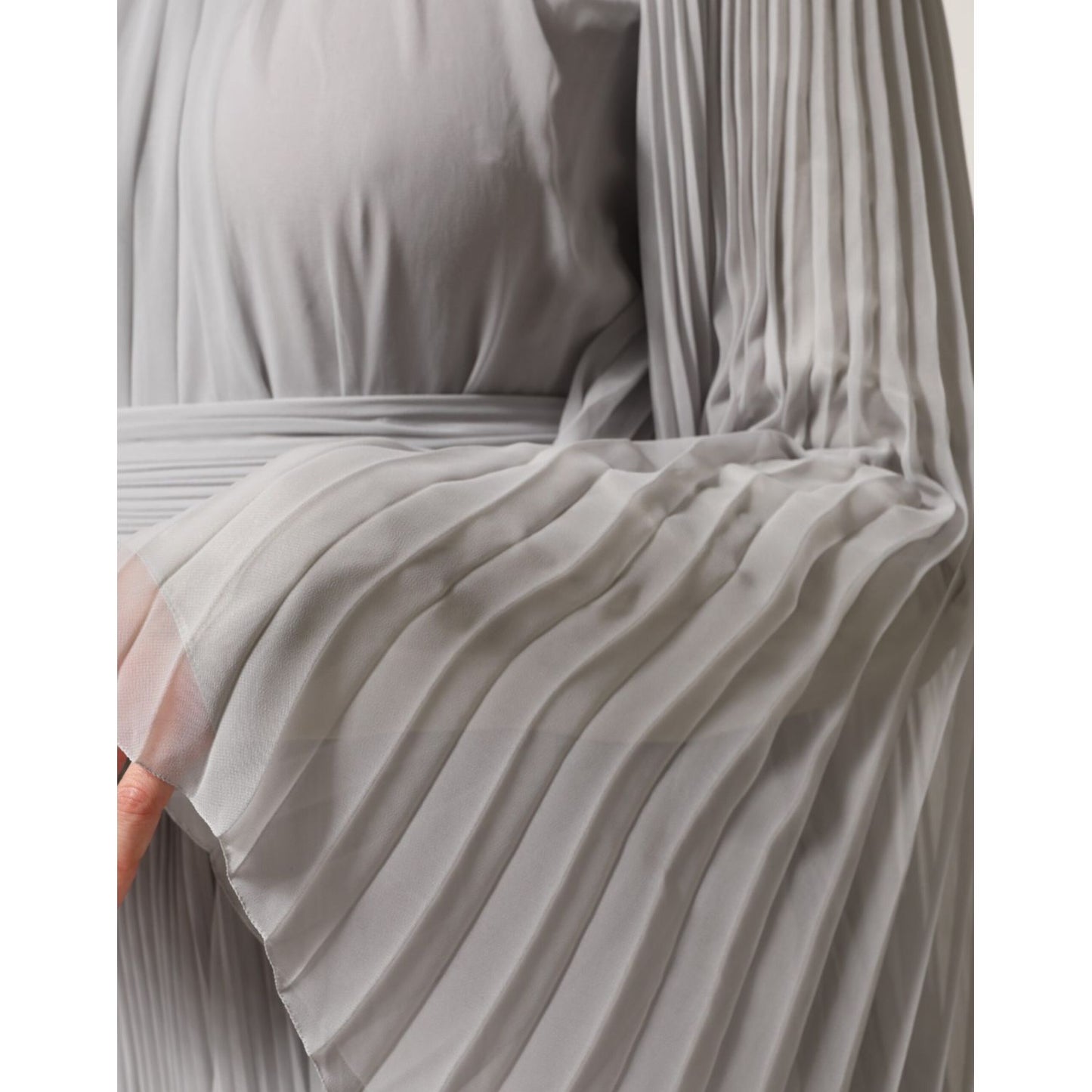 Dolce & Gabbana Grey Pleated Maxi Long Sleeve Silk Blend Gown Dress, elegant pleated sleeve detail, perfect for evening wear.