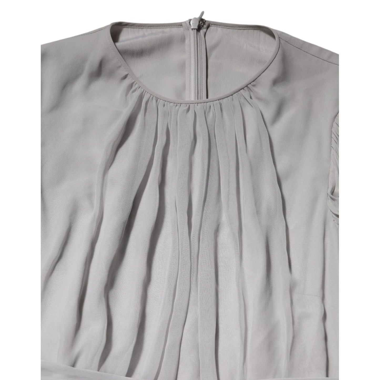 Dolce & Gabbana Grey Pleated Maxi Long Sleeve Silk Blend Gown Dress detail showing pleated design and zipper closure