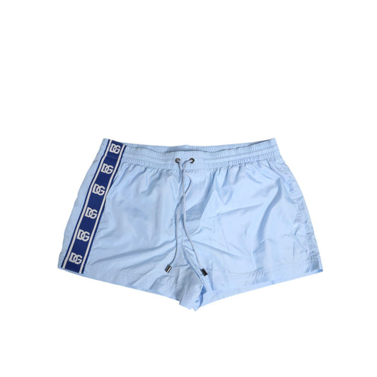 Dolce & Gabbana Light Blue Nylon DG Logo Tape Men Shorts Swimwear with elastic waistband and drawstring