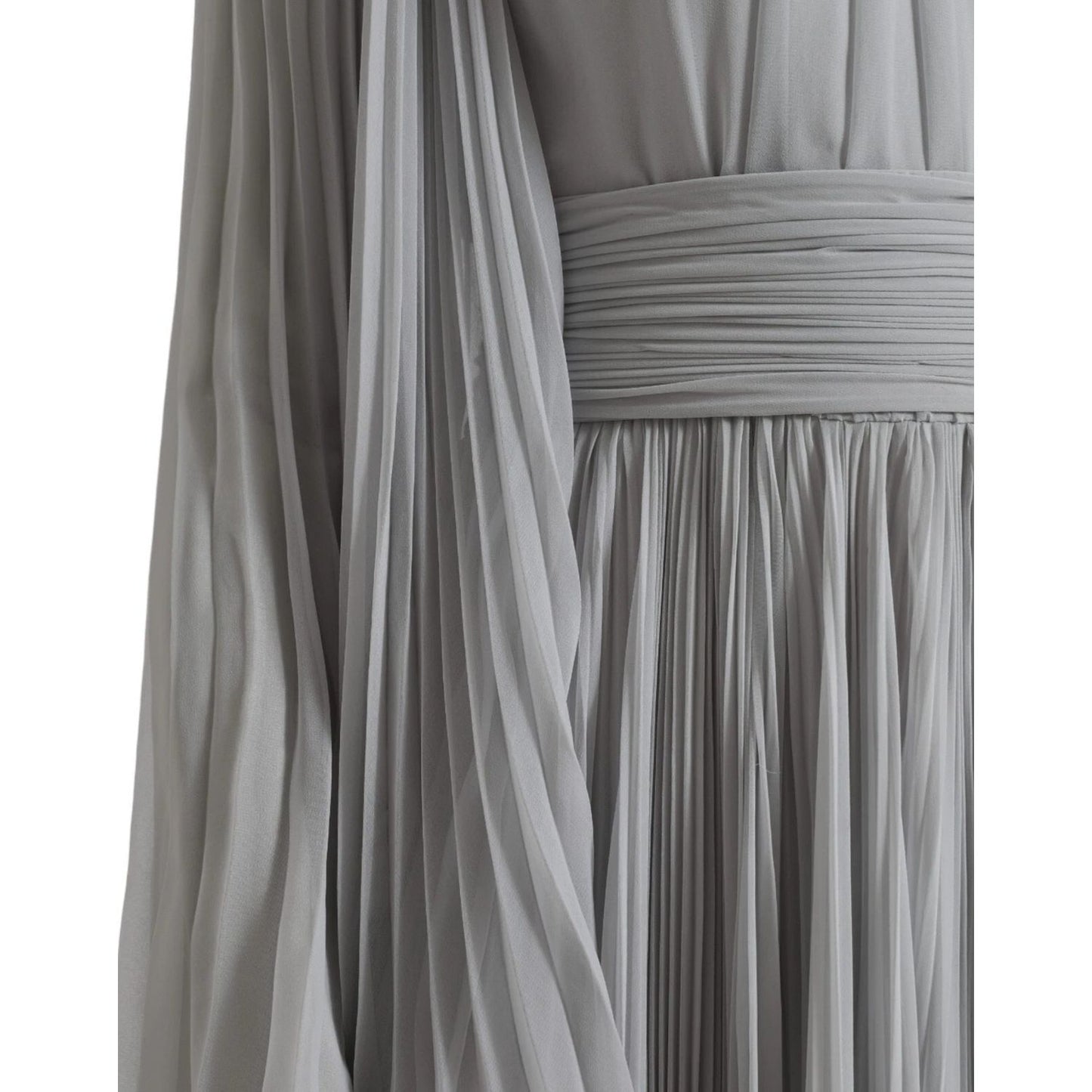 Detail view of Dolce & Gabbana Light Grey Polyester Pleated Long Maxi Dress with zipper closure and logo details.