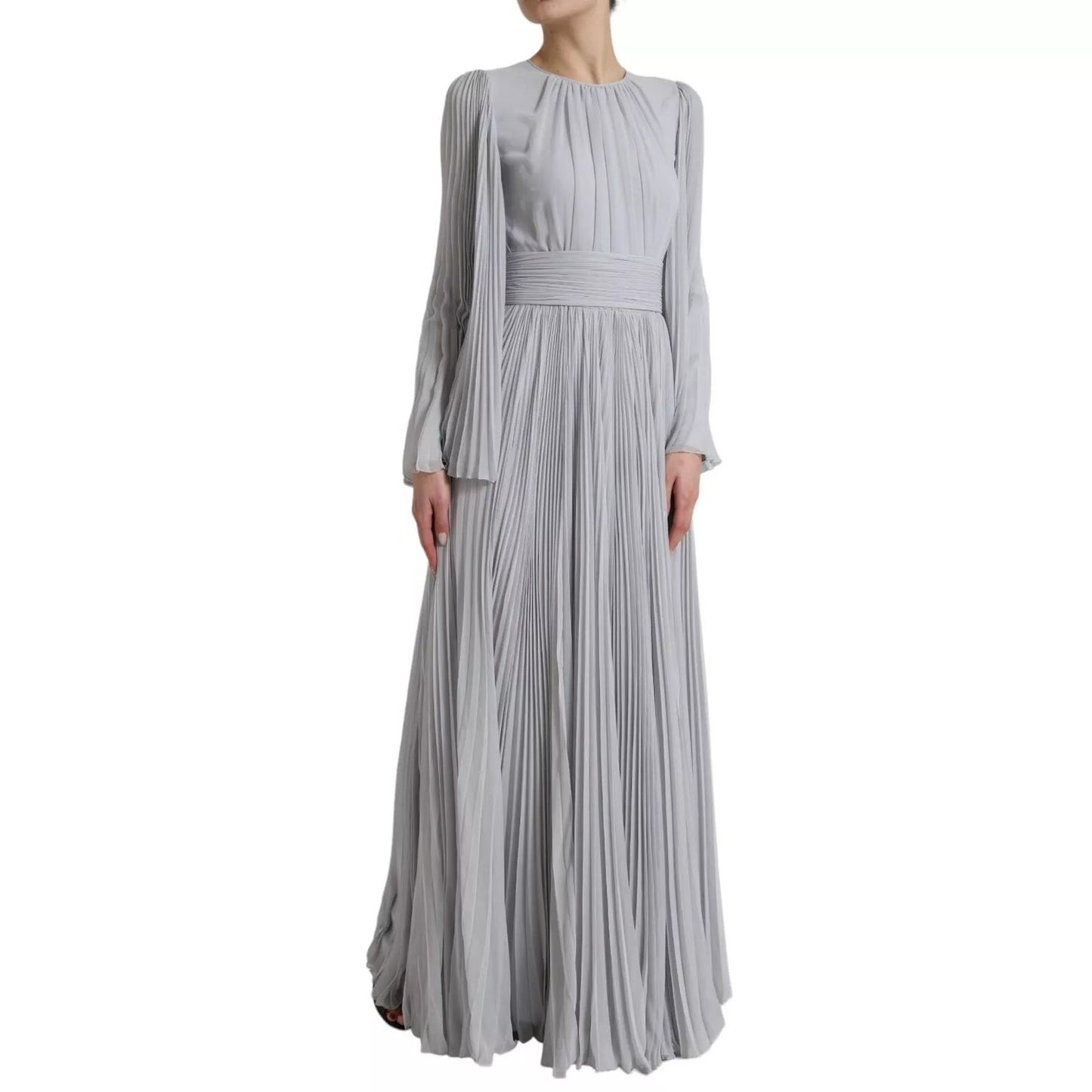 Dolce & Gabbana Light Grey Polyester Pleated Long Maxi Dress with zipper closure, highlighting luxury Italian craftsmanship, 80% polyester.