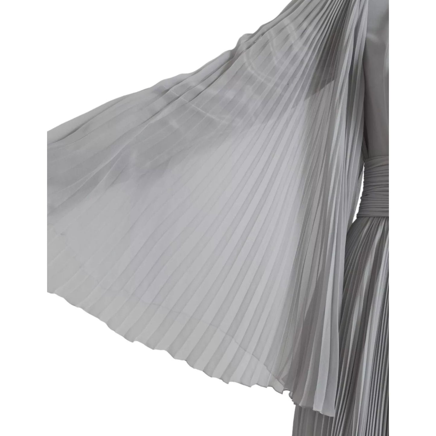 Dolce & Gabbana Light Grey Polyester Pleated Long Maxi Dress with visible sleeve details and minor stain on the right sleeve.