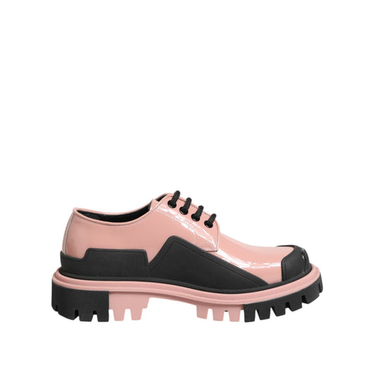 Dolce & Gabbana Light Powder Pink Black Leather Lace-Up Shoes with lug sole, crafted in Italy, side view.