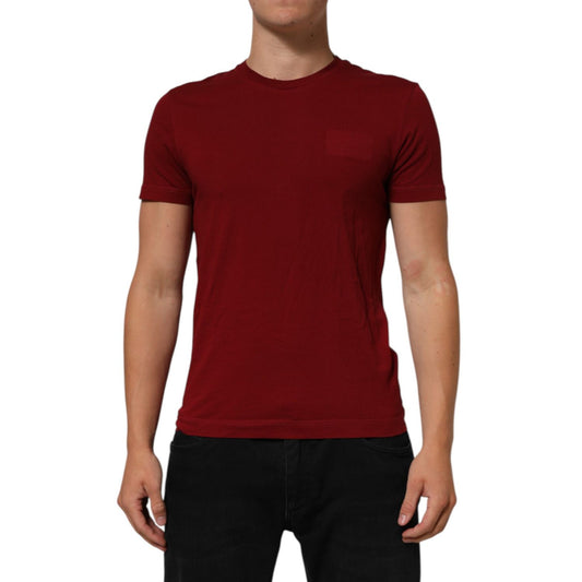 Dolce & Gabbana Maroon Logo Crew Neck Short Sleeve T-shirt on model, made of 100% cotton, showcasing a sleek, casual design.