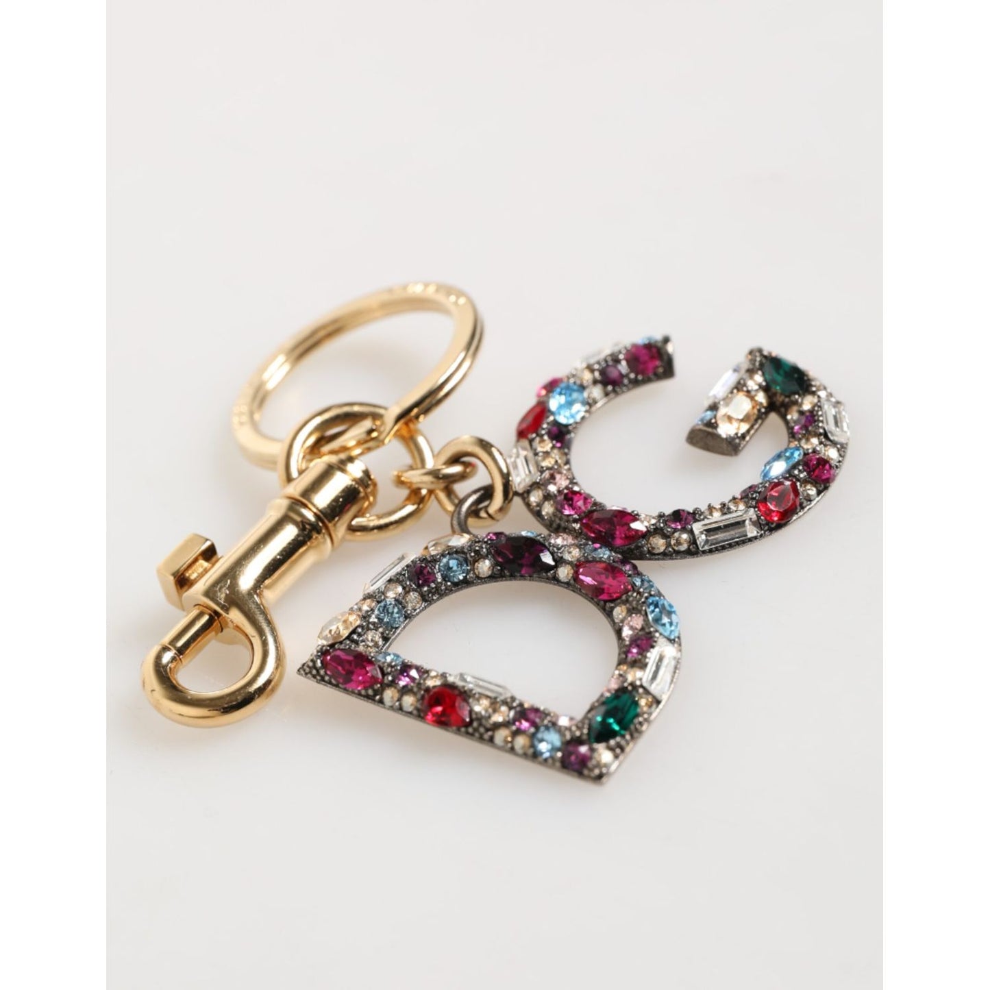 Dolce & Gabbana Multicolor Crystal DG Logo Gold Keychain Charm Keyring with sparkling crystals and secure lobster clasp.