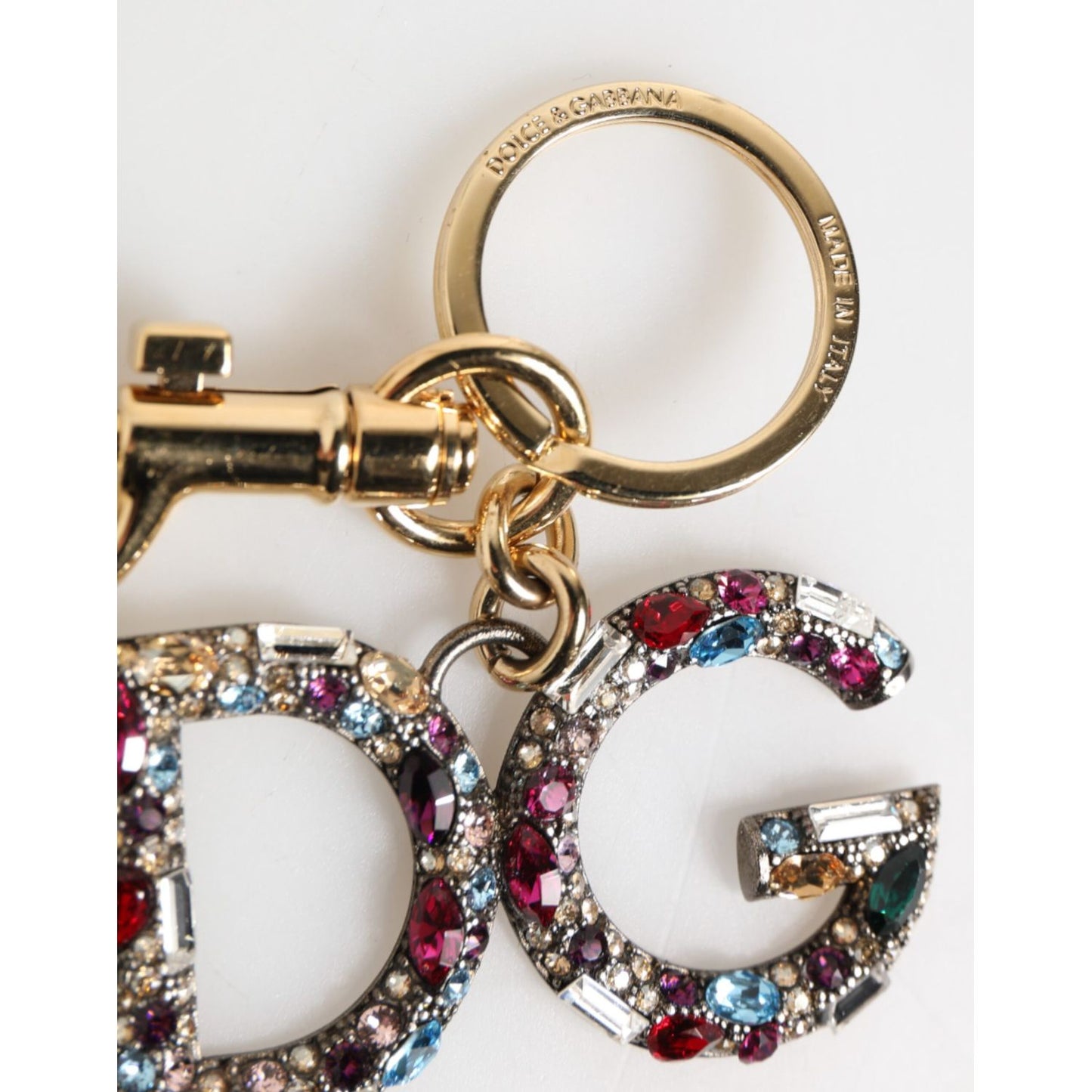 Dolce & Gabbana Multicolor Crystal DG Logo Gold Keychain Charm Keyring with gold-tone clasp and round ring, luxury accessory.