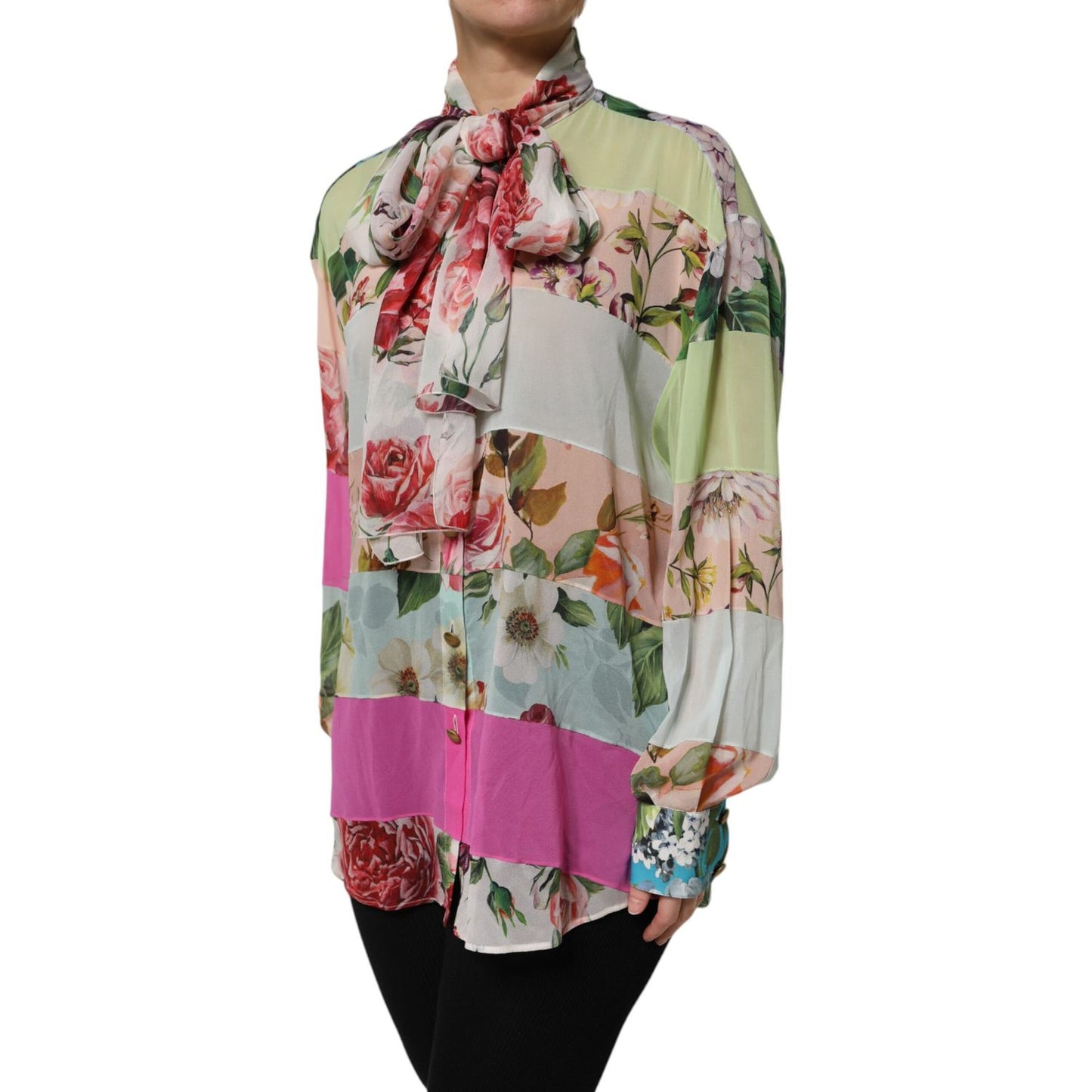 Dolce & Gabbana Multicolor Floral Patchwork Silk Ascot Collar Top with vibrant floral design and elegant ascot neckline.