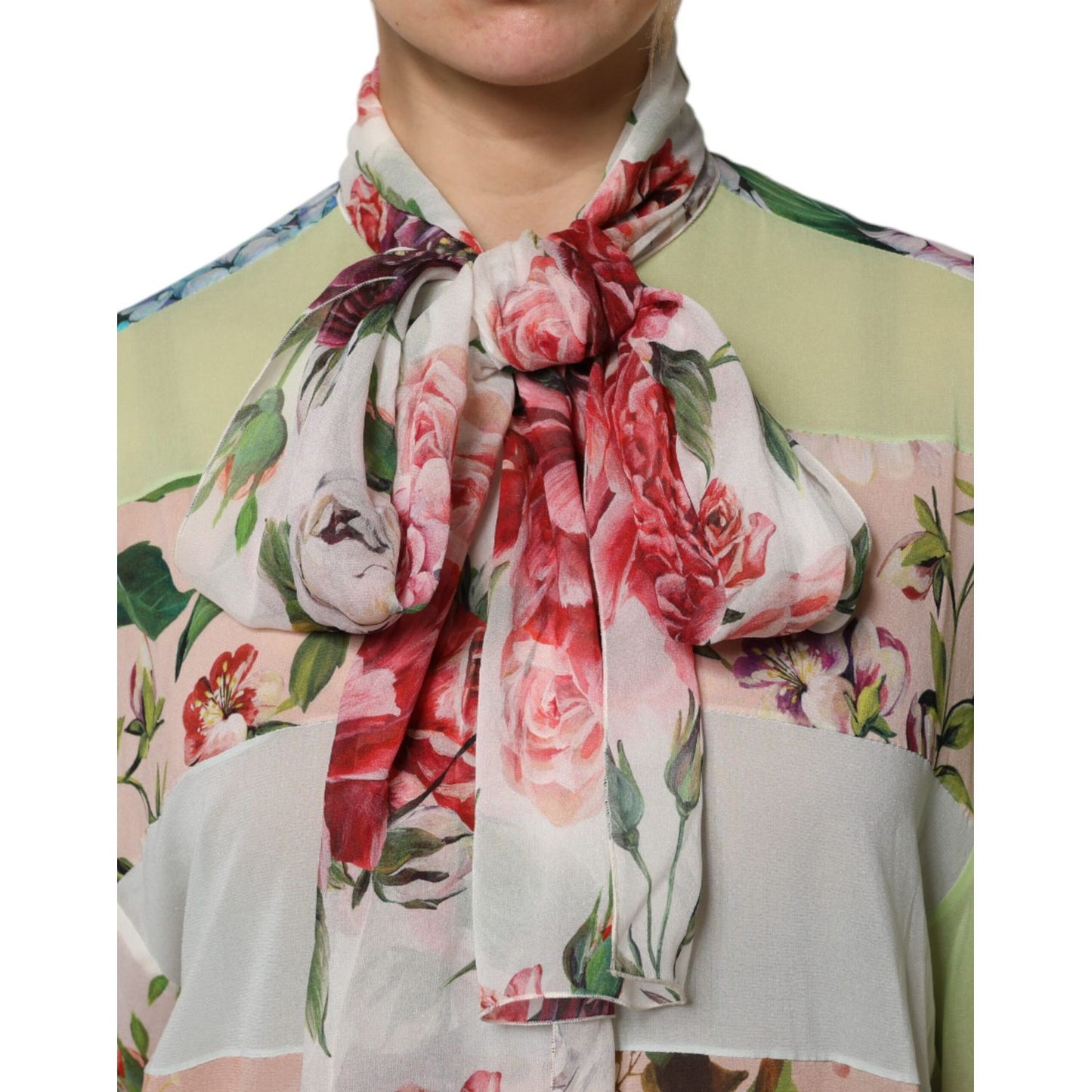 Dolce & Gabbana Multicolor Floral Patchwork Silk Ascot Collar Top with vibrant floral prints and elegant design.