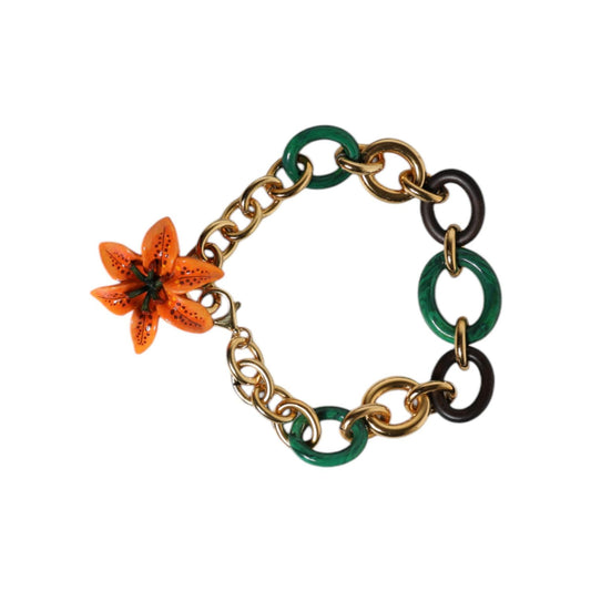 Dolce & Gabbana Multicolor Gold Brass Orange Lily Floral Chain Necklace with marbled-green and brown wooden links.