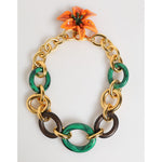Dolce & Gabbana Multicolor Gold Brass Tiger Lily Floral Chai Necklace with chunky gold-tone chains and hand-painted flower clasp.