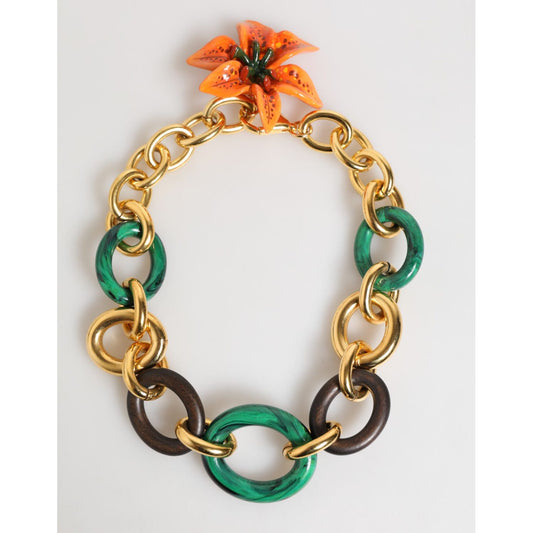 Dolce & Gabbana Multicolor Gold Brass Tiger Lily Floral Chai Necklace with gold-tone chains and orange tiger lily clasp