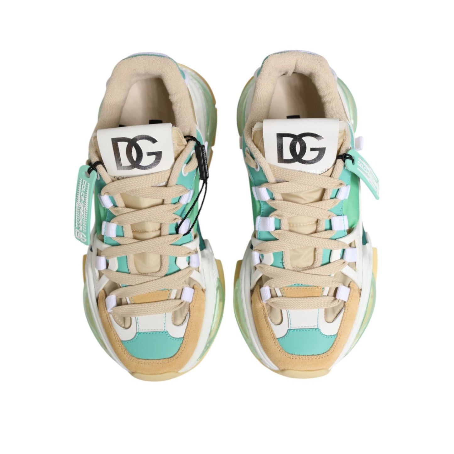 Dolce & Gabbana Multicolor Leather Airmaster Low Top Sneakers Shoes with DG logo on tongue, branded rubber sole in grey, black, and pink.