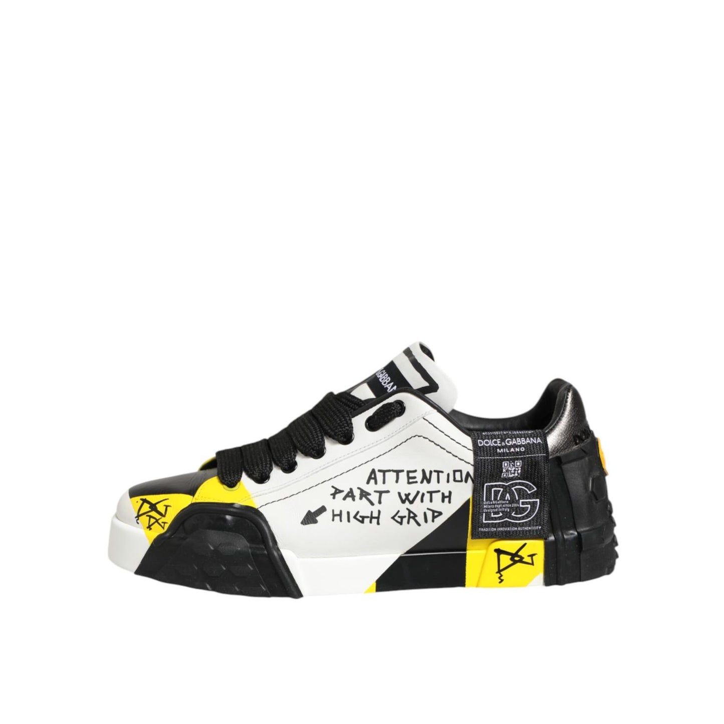 Dolce & Gabbana Multicolor Lettering Portofino Sneakers Shoes with bold design, black and yellow accents, and high-grip sole.